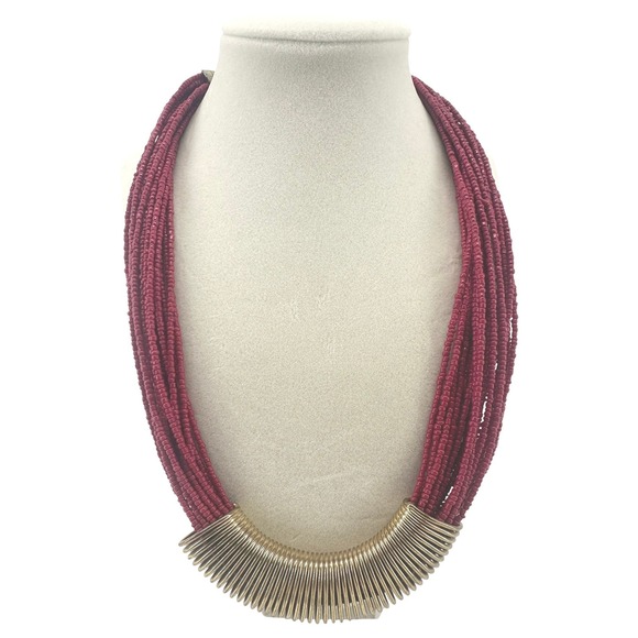 Coldwater Creek Jewelry - Coldwater Creek Magenta‎ Multi Strand Seed Bead Necklace Gold Ribbed Statement
